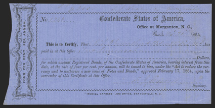 NC. Morgantown. $200. October 20, 1864. NC-92. No. 1240. Printed on blue paper with blue-ruled lines, and watermarked with JOY in lower left corner. Most certificates do not
have the watermarks visible. Assignment endorsement on back. <