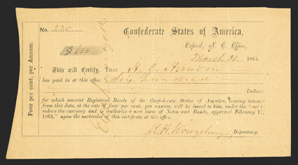 NC. Oxford. $600. March 21, 1864. NC-101. Raleigh Type 1A. No. 230. IDR Plate Form, page 262. Printed on yellow-tan paper. Exchanged written across front with endorsement by
Mr. Herndon on back. Extremely Fine, cut cancelled.
