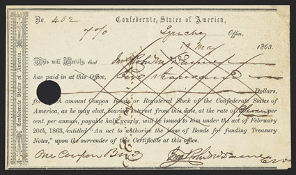 VA. Lynchburg. $2000. May 19, 1863. VA-70. Richmond Type 1. No. 402. IDR Plate Form, page 410.  Approximately 125 were issued of this type.  VF, hole cancelled, four pinholes.
From The Holger Dreher Collection