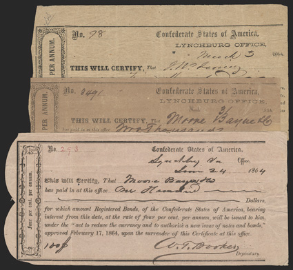 Trio of Lynchburg, Virginia IDRs from 1864: [3] 1) $100. June 24, 1864. VA-92. No. 98. VG. 2) $2000. March 31, 1864. VA-93. No. 2491. VG. 3) $200. March 3, 1864. VA-96. No.
293. Fine. From The Holger Dreher Collection