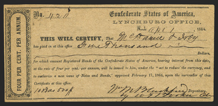 VA. Lynchburg. $5,000. April 1, 1864. VA-94. Local Typeset No. 1. No. 4211. Plate IDR Form, page 415. Printed on dark brown paper.  Multiple endorsements on back. EF,
pinholes.