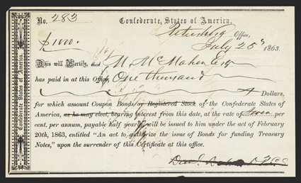 VA. Petersburg. $1000. July 25, 1863. VA-117. Richmond Type 1. No. 283. Endorsement on back. Fine, ink burn, pinholes. From The Holger Dreher Collection