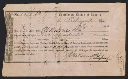 VA. Richmond. $500. July 1, 1863. VA-143. Richmond Type III-Ab, position 2. No. 4366. Tonfederate instead of Confederate at top right. Exchanged written on front at left.
Endorsement on back. VF with ink burn.