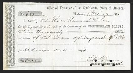 VA. Richmond. $5,000. October 29, 1861. VA-155. Richmond Local Type 1. No. 632. Plate IDR Form, page 435.. Interagency Transfer Deposit form, but used for Act of August 19,
1861. VF, POC.