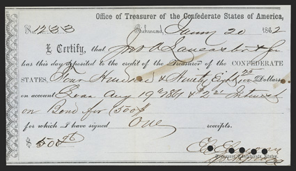 VA. Richmond. $498.75  $500. January 20, 1862. VA-156. Richmond Local Type 2. No. 1233. Another Interagency Transfer Deposit form, printed on blue paper. VF, POCs. From The
Holger Dreher Collection
