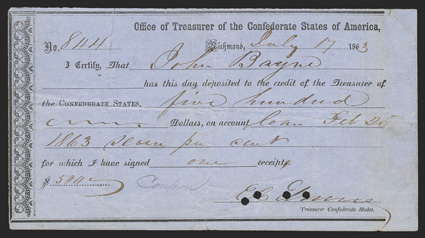 VA. Richmond. $500. July 17, 1863. VA-164. No. 844. Fine, POCs, stain on back. From The Holger Dreher Collection