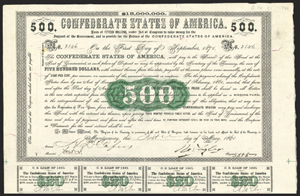Act of February 28, 1861. $500. Cr. 7A, B-7. No. 3846. As previous, but Sinking Fund for the Confederate Loan... etc., printed in blue ink on the reverse. Signed by Tyler. 20
coupons below. Soiling in right margin, minor creases top margi