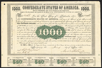 Act of February 28, 1861. $1000. Cr. 8, B-9. No. 4066. Arabic 1000 in green scroll medallion at center. Printed on thin red silk fiber paper. Signed by Clitherall. 19 coupons
below. Hole in upper right margin, overall toning, wear at uppe