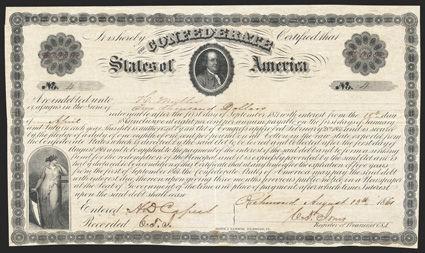 Act of February 28, 1861. $2000. Cr. 9, B-18. No. 4. Confederacy, left Benjamin Franklin in oval at center. Signed by Jones. Red transfer certificate on back. Folds, overall
toning, two spots of foxing, about VF. From The Holger Dr