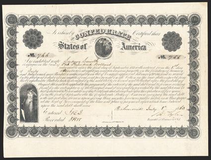 Act of February 28, 1861. $100. Cr. 10, B-19. No. 766. Confederacy, left farmer with woman, center. Signed by Tyler. Red transfer form on verso. Folds, dark toning upper right,
overall toning, foxed on verso, about VF. From The H