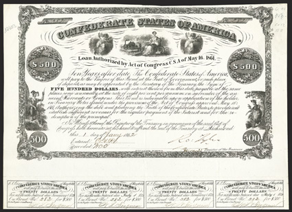Act of May 16, 1861. $500. Cr. 12, B-22. No. 282. As previous. Signed by Tyler. 14 coupons below. Folds, small closed tear in top edge into border, wear upper right corner,
about VF. From The Holger Dreher Collection
