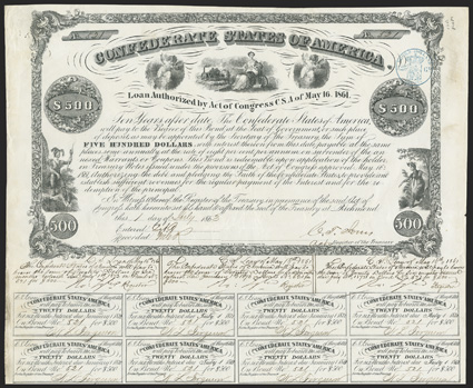 Act of May 16, 1861. $500. Cr. 12, B-23. No. 521. Vignette of Commerce at top center flanked by two putti, left and right. Indian warrior at left with an Indian Princess at
right. Signed by Jones. Three handwritten coupons under bond signed by