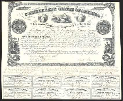 Act of May 16, 1861. $500. Cr. 12A, B-23. No. 638. Indian Prince, left Commerce, flanked by putti, center Indian Princess, right. Signed by Jones, with three handwritten
coupons under bond signed by Tyler. 14 coupons printed in ad