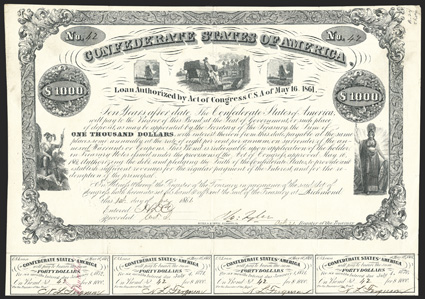 Act of May 16, 1861. $1000. Cr. 13, B-24. No. 42. Indian Prince, left men loading wagon, flanked by sailing ships Minerva, right. Signed by Tyler. 14 coupons below. Tape
repairs to fold splits on verso at top, edge wear and soiling, but a c