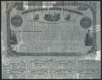 Act of May 16, 1861. $1000. Cr. 13, B-25. No. 690. Indian Prince, left men loading wagon with cotton, flanked by sailing ships, center. Minerva, right. Printed on thick bond
paper. Last coupon would not have been cancelled based on ser