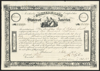 Act of May 16, 1861. $200. Cr. 14, B-27. No. 2889. As preceding. Signed by Tyler. Red transfer form on back. Overall toning, light fold and edge wear, small stain top margin,
about VF. From The Holger Dreher Collection