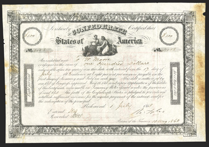 Act of May 16, 1861. $100. Cr. 14, B-27. No. 2058. Agriculture and Commerce with urn, center. Signed by Tyler. J. T. Paterson. Stains in margins, fold wear, small piece out
upper right, Fine. From The Holger Dreher Collection