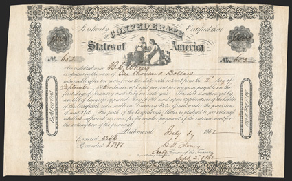 Act of May 16, 1861. $1000. Cr. 15, B-26. No. 652. Agriculture and Commerce with urn, center. Signed by Jones. Hoyer & Ludwig. Trimmed to borders at top and bottom, folds,
overall toning, but about VF. From The Holger Dreher Collectio