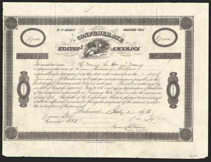 Act of May 16, 1861. $7000. Cr. 16, B-28. No. 3327. Science - male figure reclining on his elbow with charts and globe around him. Signed by Tyler. Evans & Cogswell. Overall
toning, folds, edge wear, about VF. From The Holger Dreh