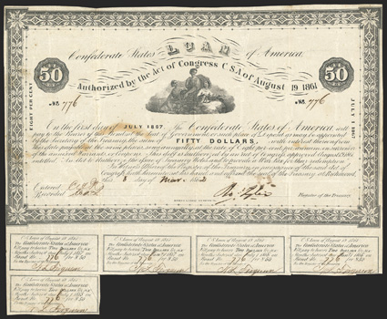 Act of August 19, 1861. $50. Cr. 17. Criswell Plate Bond. B-45. No. 776. Commerce, Ceres & Navigation, center. Signed by Tyler. 5 coupons below. Hoyer & Ludwig. Ink blot and
toning blotches on face, fold and edge wear, but VF. <
