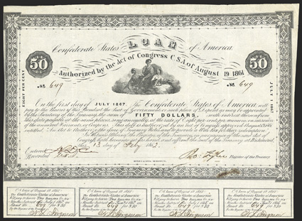 Act of August 19, 1861. $50. Cr. 17, B-45. No. 649. Commerce, Ceres & Navigation, top center. Signed by Tyler. 5 coupons below. Fold and edge wear, edges trimmed close, right
edge uneven, ink stain in lower margin, a very strong Fine. <