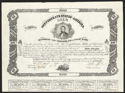 Act of August 19, 1861. $50. Cr. 18, B-71. No. 497. J. H. Reagan. Signed by Tyler. 15 coupons below. B. Duncan. Edge wear at top, about VF+. From The Holger Dreher
Collection