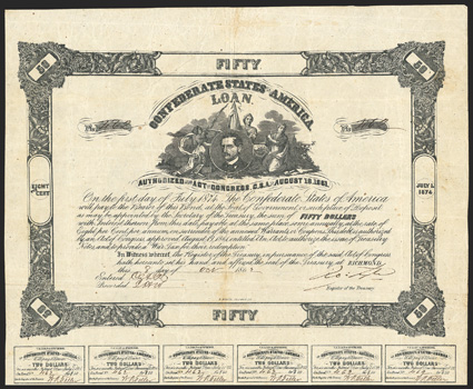 Act of August 19, 1861. $50. Cr. 19. Criswell Plate Bond. B-83. No. 462. Burton Harrison, surrounded by three allegorical females. Signed by Tyler. 19 coupons below. B. Duncan.
Fold and edge wear, light foxing, about VF. From The