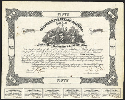 Act of August 19, 1861. $50. Cr. 19, B-83. No. 852. Burton Harrison, Jefferson Davis secretary, surrounded by three female figures. Signed by Tyler. 19 coupons below. B.
Duncan. Overall toning, folds, ink stains at left and bottom, about <