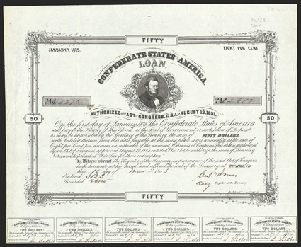 Act of August 19, 1861. $50. Cr. 20, B-87. No. 2870. Vignette of Thomas Bragg. Signed by Jones. 20 coupons below. B. Duncan. Folds, light toning along left edge, a strong VF.
From The Holger Dreher Collection