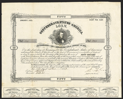 Act of August 19, 1861. $50. Cr. 20, B-87. No. 525. As previous, signed by Tyler. 20 coupons below. B. Duncan. Folds, toning, soiling and toning in margins, about VF. From The
Holger Dreher Collection
