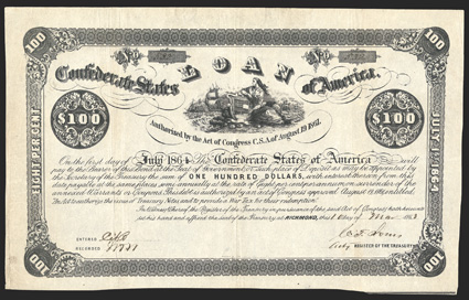 Act of August 19, 1861. $100. Cr. 22, B- 30. No. 532. Liberty holding a stylized Confederate flag in a shield, surrounded by ships. Signed by Jones. Evans & Cogswell. Overall
toning, light wrinkling, soiling and wear along left edge, about 