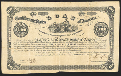 Act of August 19, 1861. $100. Cr. 22, B-30. No. 46. As previous. Signed by Tyler. Notable overall toning, stain in left margin, folds and edge wear including partial splits,
strong Fine. From The Holger Dreher Collection