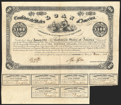 Act of August 19, 1861. $100. Cr. 23, B-33. No. 73. Due Jan. 1, 1865. Similar to previous, but without Entered and Recorded printed for signatures at left. Signed by Tyler. 6
coupons below. Overall toning, folds, VF. From The