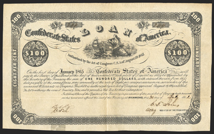 Act of August 19, 1861. $100. Cr. 23, B-33. No. 244. Due Jan. 1, 1865. As previous. Signed by Jones. Tape repair on verso to marginal tear at bottom with staining, folds, ink
erosion at date, strong Fine. From The Holger Dreher Collec