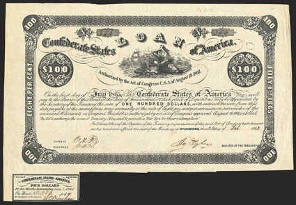 Act of August 19, 1861. $100. Cr. 24, B-36. No. 356. Due July 1, 1865. Similar to preceding, with Entered and Recorded printed left. Signed by Tyler. One coupon below. Evans &
Cogswell. Toned, edge and fold wear, VF. From The