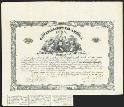 Act of August 19, 1861. $100. Cr. 25, B-39. No. 22. As previous, but signed by Tyler. 3 coupons below. Foxing, fold wear, stamped No. 37 on verso, about VF. From The Holger
Dreher Collection