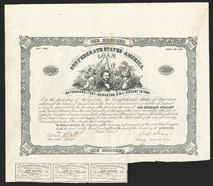 Act of August 19, 1861. $100. Cr. 25, B-39. No. 355. Judah P. Benjamin, center, surrounded by three allegorical females. Signed by Jones. 3 coupons underneath. Light
discoloration near vertical fold, some creases, about VF.