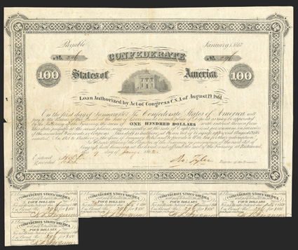Act of August 19, 1861. $100. Cr. 26, B-42. No. 296. As previous. Signed by Tyler. 5 coupons underneath.  Fold and wear including small split at left margin, pinholes, toned, a
solid Fine.