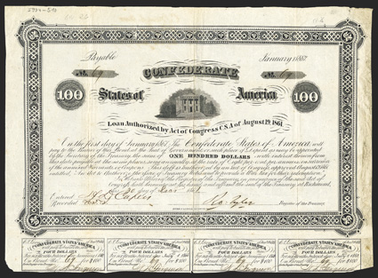 Act of August 19, 1861. $100. Cr. 26, B-42. No. 69. Old Richmond Post Office  City Hall, 1861. Signed by Tyler. 4 coupons below. Worn and soiled along right edge, folds, some
foxing, about Fine. From The Holger Dreher Collection