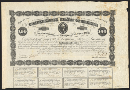 Act of August 19, 1861. $100. Cr. 27, B-48. No. 281. Portrait of George Washington, top center. Signed by Tyler. 8 coupons below. Hoyer & Ludwig. Foxed, with edge wear, folds,
small piece out of right margin, about VF. From The Holger