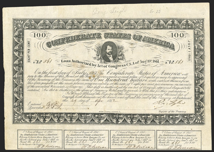 Act of August 19, 1861. $100. Cr. 28, B-51. No. 561. As previous. Signed by Tyler. All coupons present (13). Foxed, folds, edge wear, about VF. From The Holger Dreher
Collection