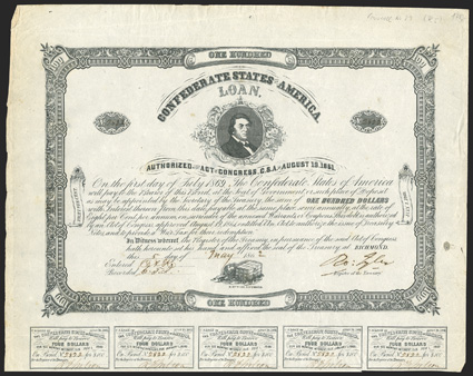Act of August 19, 1861. $100. Cr. 29, B-54. No. 2822. R.M.T. Hunter, top center. Dog with safe and key, bottom. Signed by Tyler. 9 coupons below. B. Duncan. Stain in right
margin, edge wear, about VF. From The Holger Dreher Collection