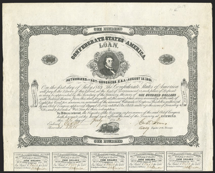 Act of August 19, 1861. $100. Cr. 29, B-54. No. 8453. As previous. Signed by Jones. 9 coupons below. Light edge wear, folds, a good VF. From The Holger Dreher
Collection