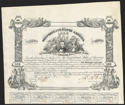 Act of August 19, 1861. $100. Cr. 30, B-57. No. 694. Thomas Watts surrounded by three females, possibly two are Law and Justice, according to Dr. Ball. Signed by Tyler. 15
coupons below, one missing. Folds, light edge wear, very light foxing,