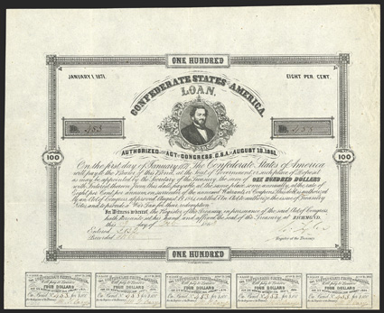 Act of August 19, 1861. $100. Cr. 31, B-63. No. 453. Judah P. Benjamin, center. Signed by Tyler. 12 coupons below.  Folds, light edge wear right, about VF+. From The Holger
Dreher Collection
