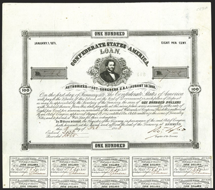 Act of August 19, 1861. $100. Cr. 31A, B-64. No. 782. No imprint. As previous. Signed by Tyler. 12 coupons below. Stamped 811 on verso with some show-through, folds, VF+. From
The Holger Dreher Collection