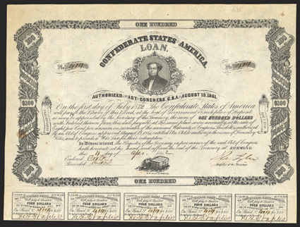 Act of August 19, 1861. $100. Cr. 33, B-72. No. 414. S.R. Mallory portrait facing left. Dog with safe and key, bottom. Folds, toning, a few spots, VF. From The Holger Dreher
Collection