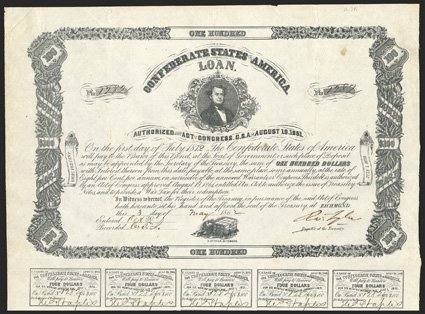 Act of August 19, 1861. $100. Cr. 34, B-73. No. 1282. As previous, but S.R. Mallory is facing right. Signed by Tyler. 15 coupons below. Very light foxing, edge wear and folds,
VF. From The Holger Dreher Collection