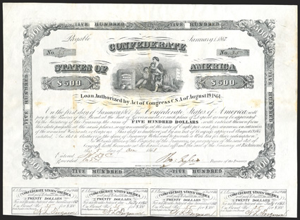 Act of August 19, 1861. $500. Cr. 53, B-43. No. 35. Vignette of a woman seated with three children looking at a safe inscribed Confederate States Treasury. Signed by Tyler. 4
coupons. Weakness of engraving at upper left. Foxing at center