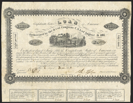 Act of August 19, 1861. $1000. Cr. 53. Criswell Plate Bond. B-53. No. 584. Locomotive with straight steam. Signed by Tyler. Complete coupons (13). Fold split repaired on verso
with paper, edge wear, right edge irregular, Fine. Fro